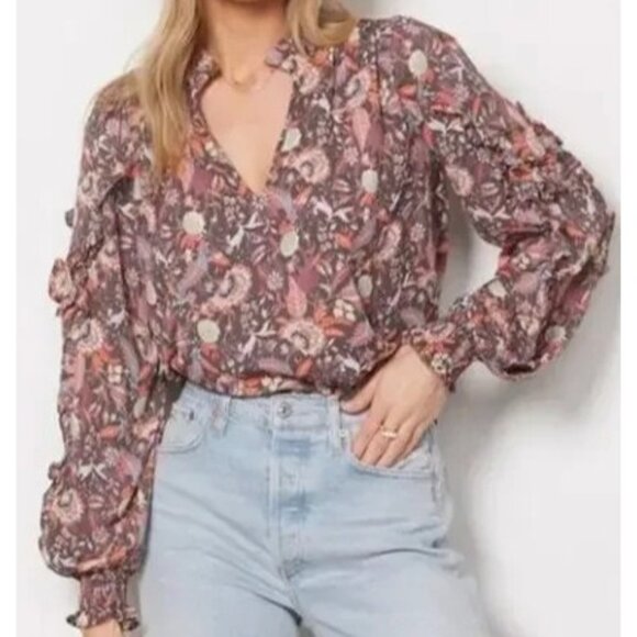 Evereve Tops - Evereve  Womens XL Brown Floral Clara Ruffle Trim Blouse